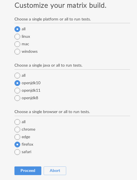 Screenshot of dynamically generated dialog for user to customize choices of matrix build